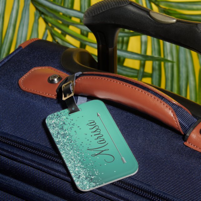 Chic Glittery Turquiose Personalized  Luggage Tag (Front Insitu 1)