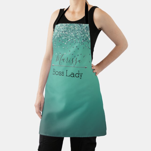 Chic Glittery Turquoise Personalized Boss Lady  Apron (Insitu)