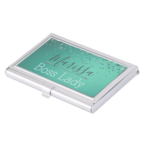 Chic Glittery Turquoise Personalized Boss Lady  Business Card Case