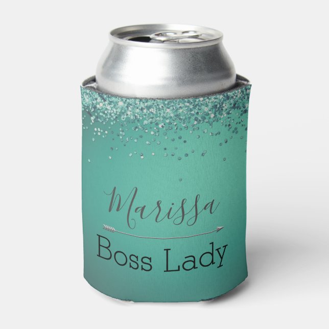 Chic Glittery Turquoise Personalized Boss Lady  Can Cooler (Can Front)