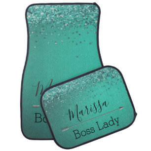 Chic Glittery Turquoise Personalized Boss Lady Car Floor Mat