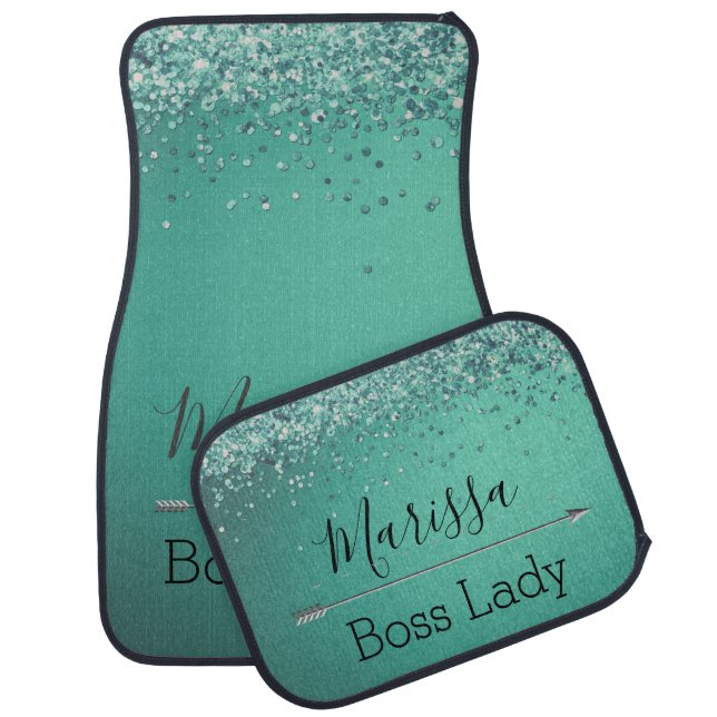 Chic Glittery Turquoise Personalized Boss Lady  Car Floor Mat (Set)