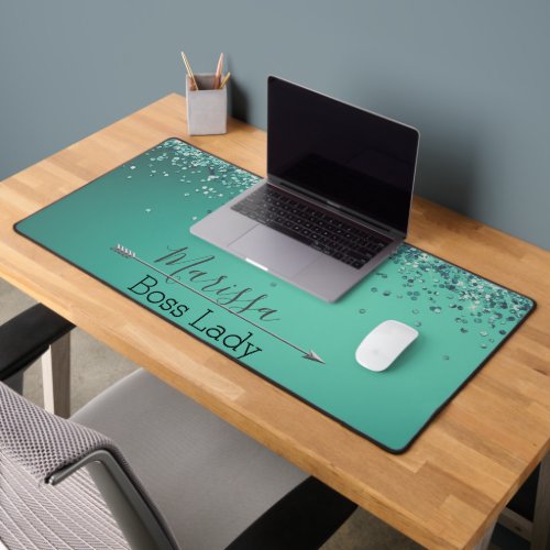 Chic Glittery Turquoise Personalized Boss Lady   Desk Mat
