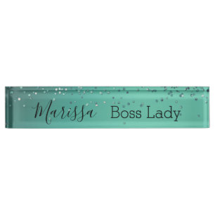 Chic Glittery Turquoise Personalized Boss Lady Desk Name Plate