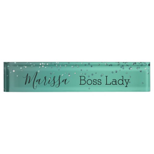 Chic Glittery Turquoise Personalized Boss Lady  Desk Name Plate
