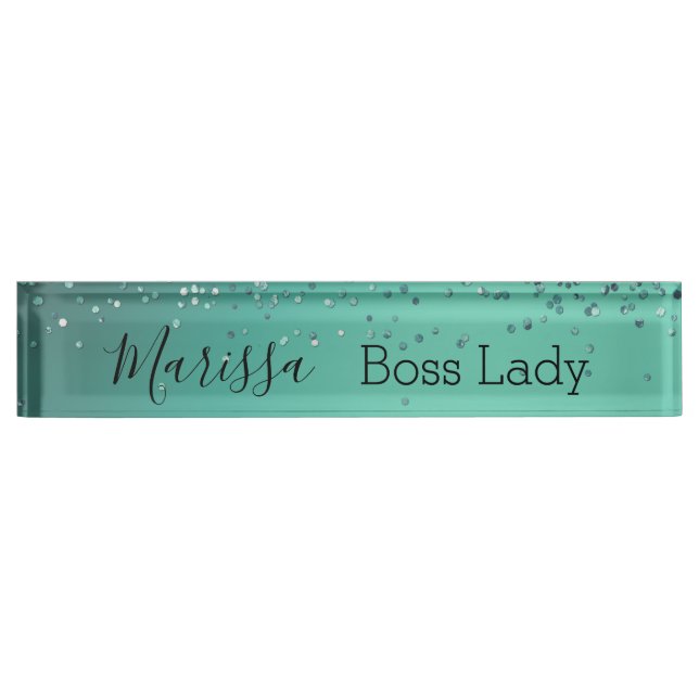 Chic Glittery Turquoise Personalized Boss Lady  Desk Name Plate (Front)