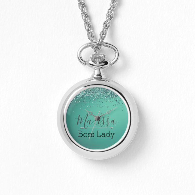 Chic Glittery Turquoise Personalized Boss Lady  Watch (Front)