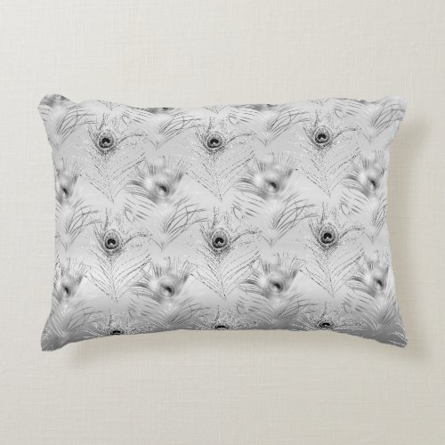 Chic Glitz Silver Glam Peacock Feathers Accent Pillow