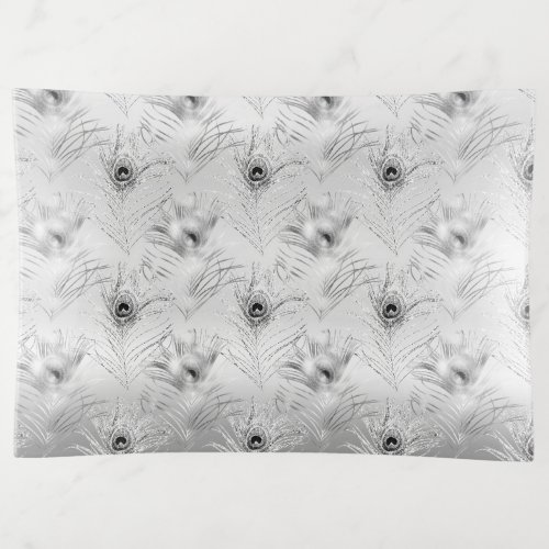 Chic Glitz Silver Glam Peacock Feathers Trinket Tray