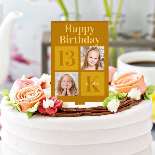 Chic Gold 2 Photo Collage Custom Birthday Party Cake Topper