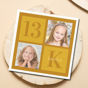 Chic Gold 2 Photo Collage Custom Birthday Party Napkins