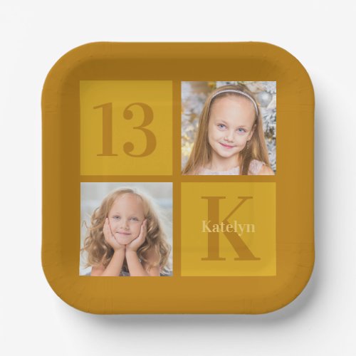 Chic Gold 2 Photo Collage Custom Birthday Party Paper Plates
