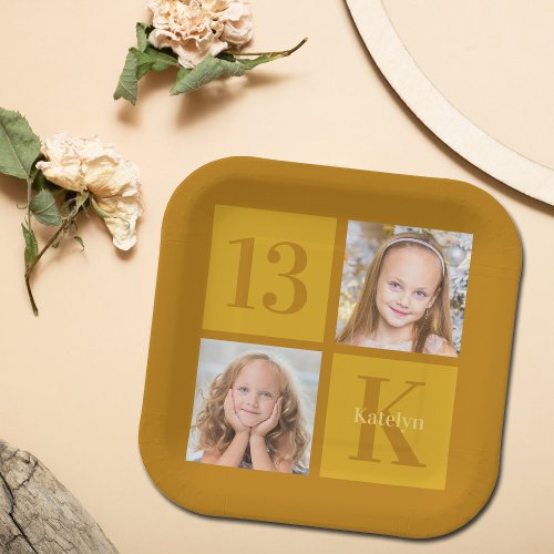 Chic Gold 2 Photo Collage Custom Birthday Party Paper Plates