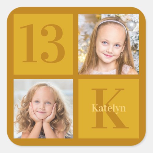 Chic Gold 2 Photo Collage Custom Birthday Party Square Sticker