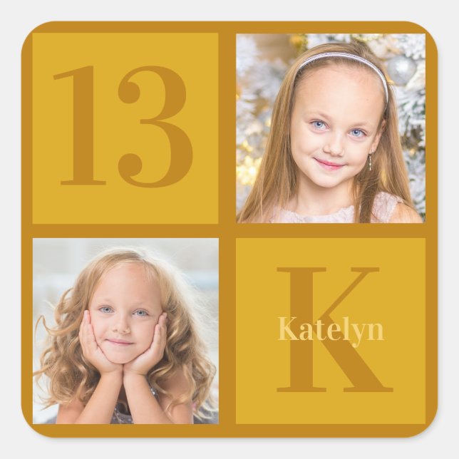 Chic Gold 2 Photo Collage Custom Birthday Party Square Sticker (Front)