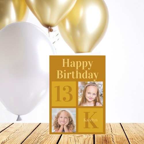 Chic Gold 2 Photo Collage Custom Happy Birthday Card