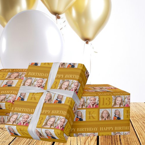Chic Gold 4 Photo Collage Custom Birthday Party Wrapping Paper