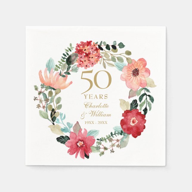 Chic Gold 50th Wedding Anniversary Floral Garland Napkins (Front)