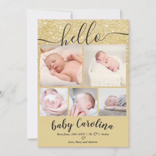 Chic gold 5 grid photo baby birth announcement