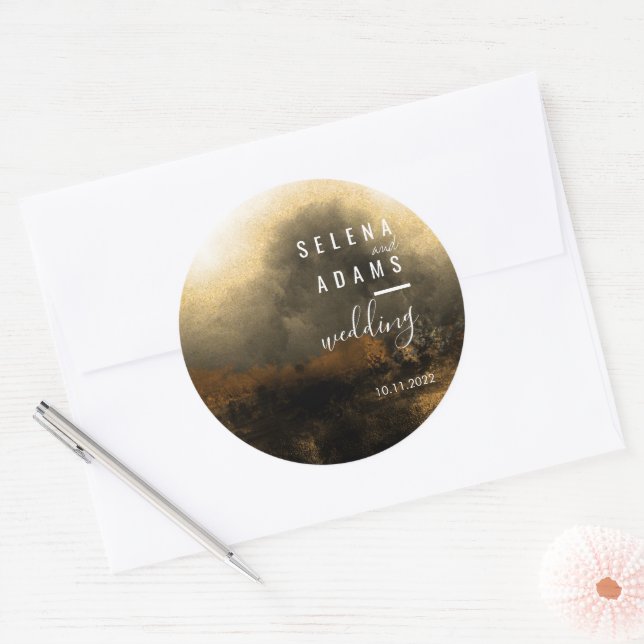 Chic Gold Abstract Typography Wedding Classic Round Sticker (Envelope)