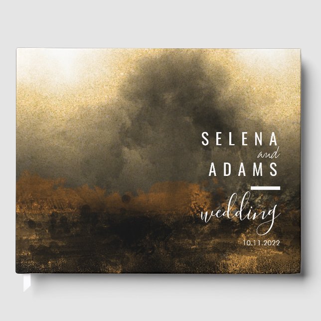 Chic Gold Abstract Typography Wedding Guest Book (Front)
