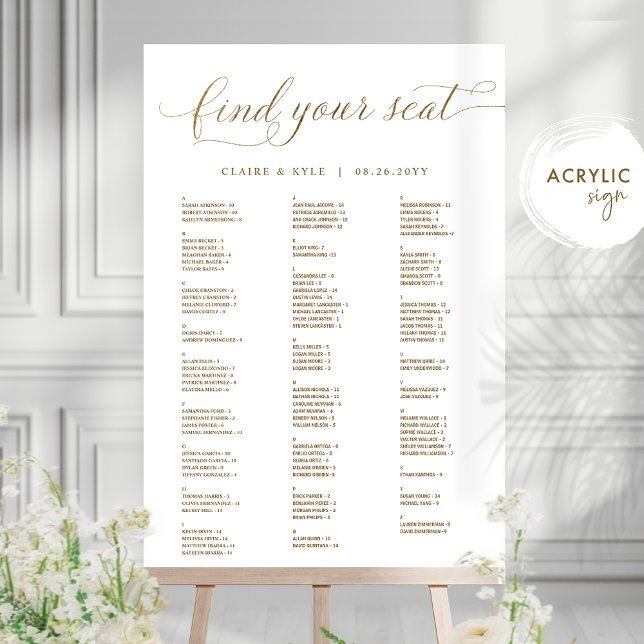 Chic Gold Alphabetical Seating Chart Acrylic Sign  (Creator Uploaded)