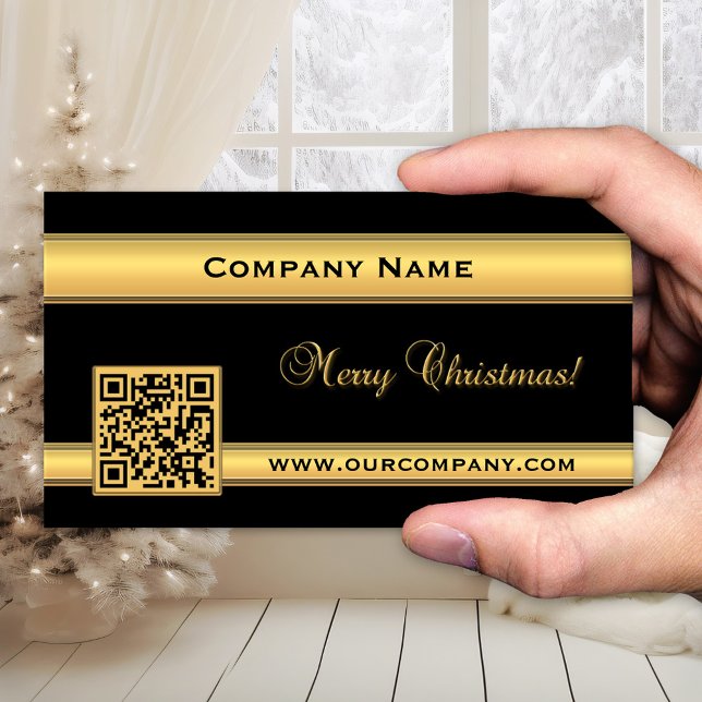 Chic Gold and Black Christmas Business Card (Elegant Christmas holidays business card in chic black and gold with QR code template)