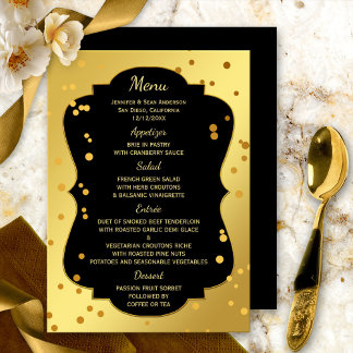 Chic Gold and Black Confetti Menu Card