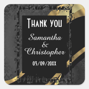 Chic gold and black damask thank you square sticker