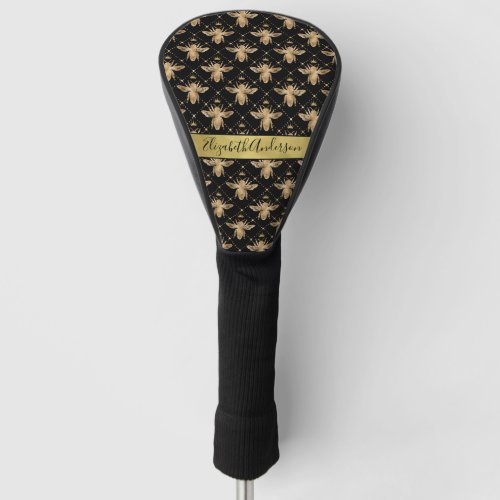 Chic Gold and Black Diamond Honey Bee Personalized Golf Head Cover
