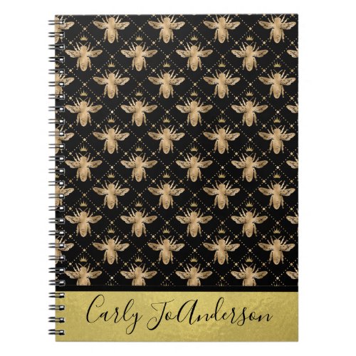 Chic Gold and Black Diamond Honey Bee Personalized Notebook