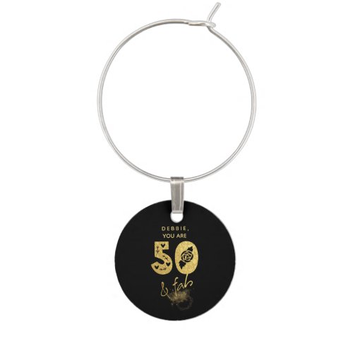 Chic Gold and Black Floral 50  Fab Typography Wine Charm