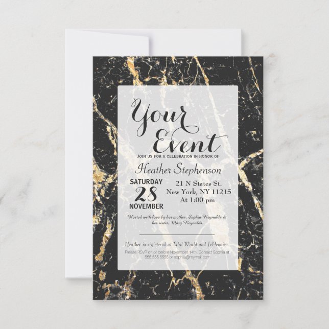 Chic Gold and Black Marble Pattern Invitation (Front)