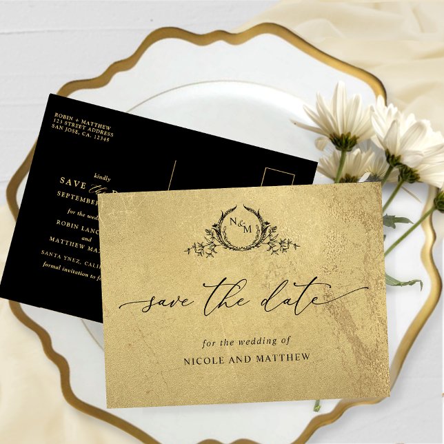 Chic Gold and Black Monogram Wedding Save the Date Postcard (Creator Uploaded)