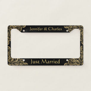 Chic Gold and Black Newly Wed License Plate Frame