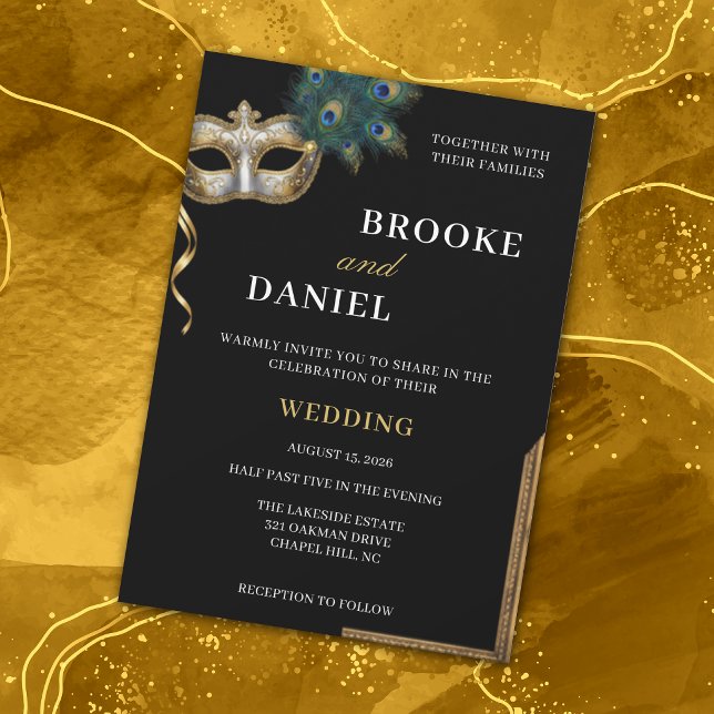 Chic Gold and Black Peacock Masquerade Wedding Invitation (Creator Uploaded)
