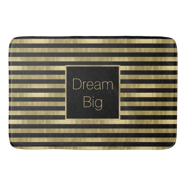 Chic Gold and Black Stripes Dream Big Personalized Bath Mat (Front)