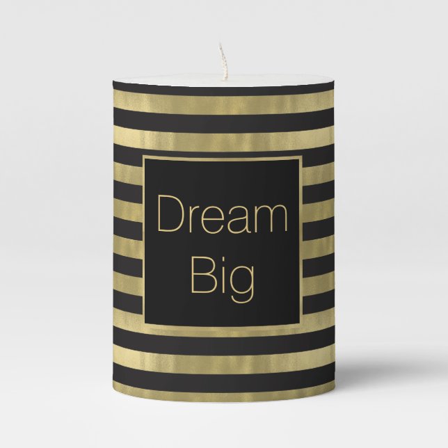 Chic Gold and Black Stripes Dream Big Personalized Pillar Candle (Front)