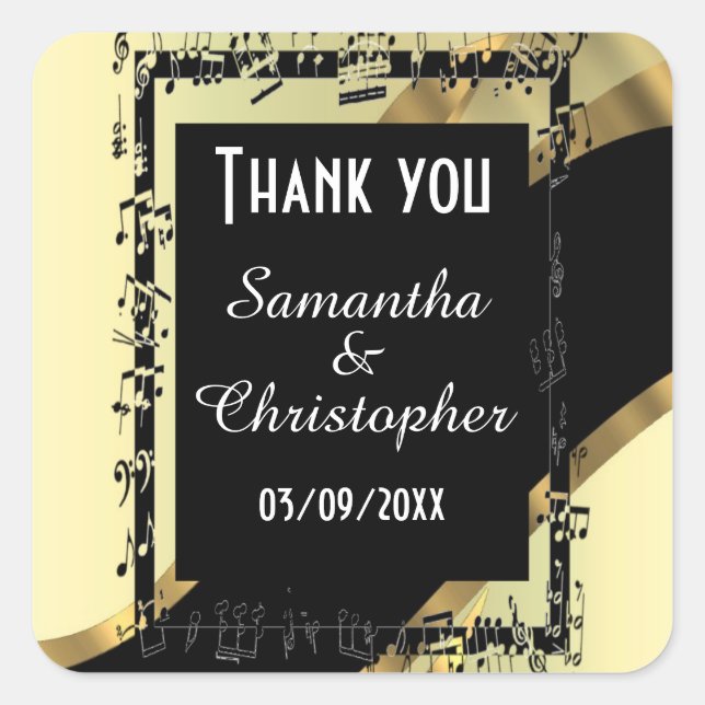 Chic gold and black thank you square sticker (Front)