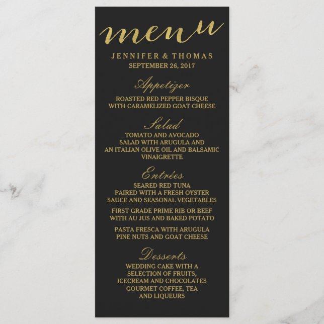 Chic Gold and Black Wedding Menu (Front)
