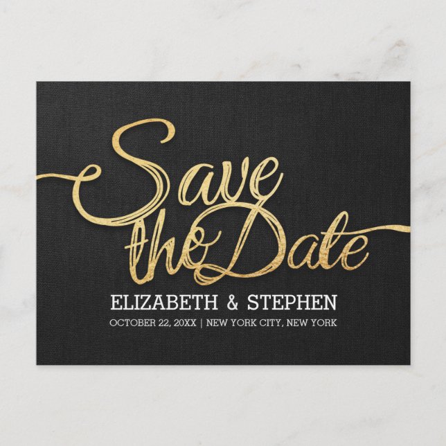 Chic Gold and Black Wedding Save the Date Postcard (Front)