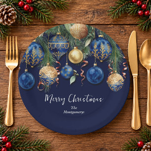 Chic Gold and Blue Christmas Tree Ornaments Paper Plates