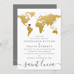 Chic Gold and Gray World Map Wedding Abroad Invitation