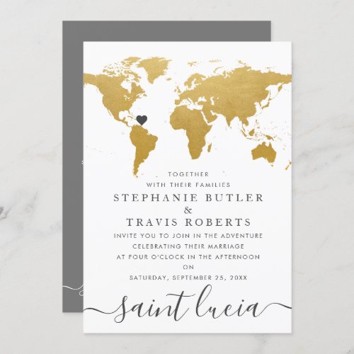 Chic Gold and Gray World Map Wedding Abroad Invitation