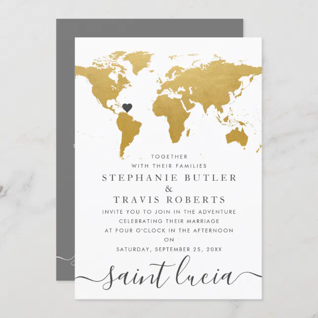 Chic Gold and Gray World Map Wedding Abroad Invitation | Zazzle