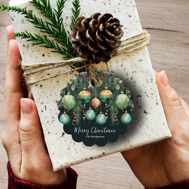 Chic Gold and Green Christmas Tree Ornaments Favor Tags (Chic Merry Christmas gold and green tree ornaments favor tags, scalloped edge shape)