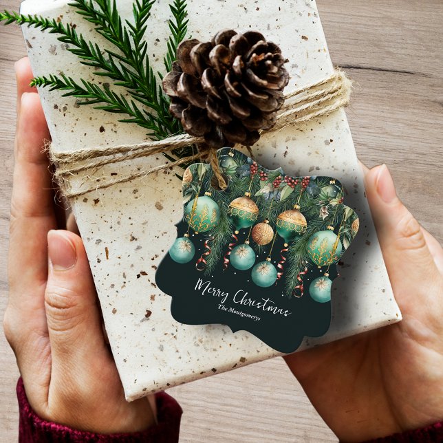 Chic Gold and Green Christmas Tree Ornaments Favor Tags (Chic Merry Christmas gold and green tree ornaments favor tags, bracket shape)
