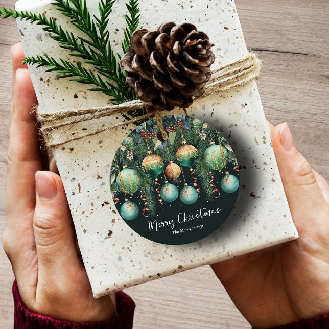 Chic Gold and Green Christmas Tree Ornaments Favor Tags (Chic Merry Christmas round favor tags with green Christmas Tree Ornaments)