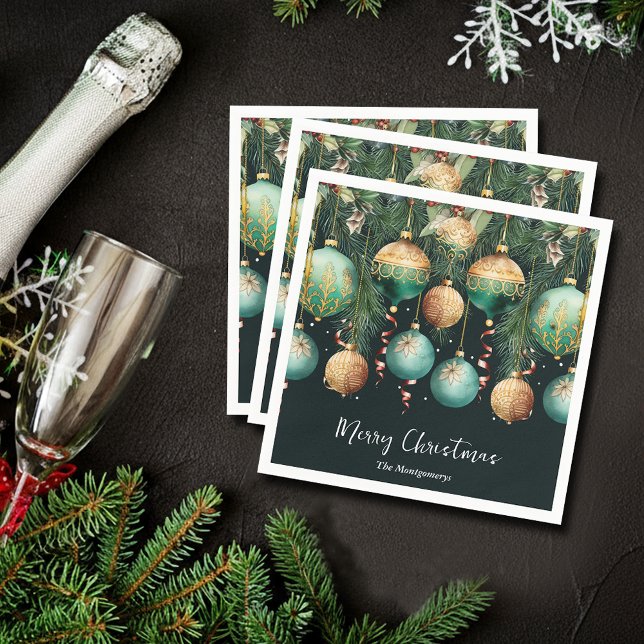 Chic Gold and Green Christmas Tree Ornaments Napkins (Chic gold and green Christmas tree ornaments cocktail napkins)