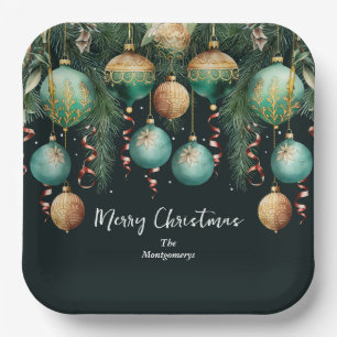 Chic Gold and Green Christmas Tree Ornaments Paper Plates